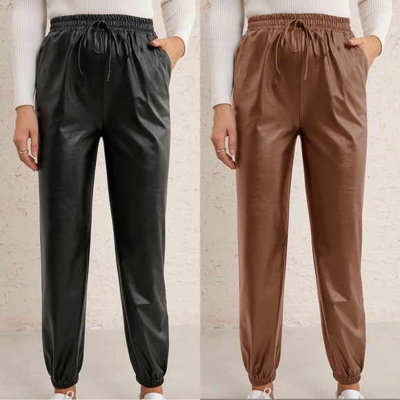 Cognac Vegan Leather Joggers - Picture 2 of 6